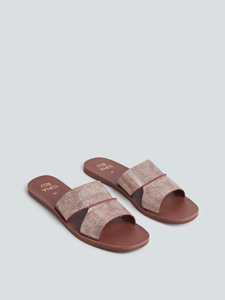 LUNA BLU Rose Gold Croc-Textured Slides